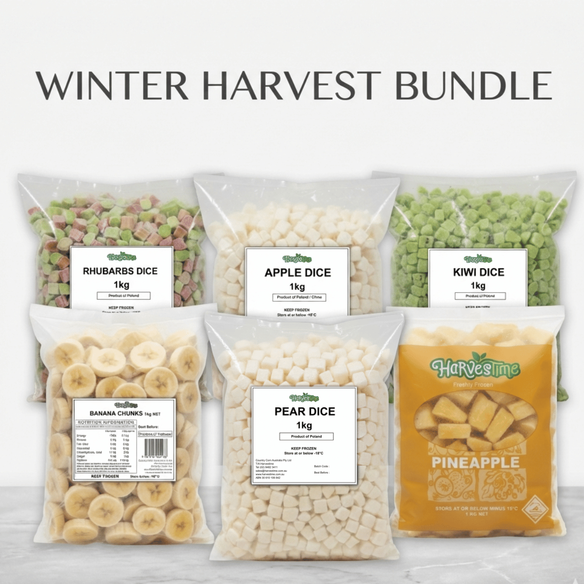 Winter Harvest Winter Harvest Bundle 6Ã1 (Rhubarb 1kg, Apple Dice 1kg, Kiwi Dice 1kg, Banana 1kg, Pear Dice 1kg, Pineapple Pieces 1kg) - Buy Pineapple Online Sydney NSW | Frozberries