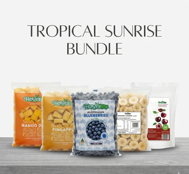 Tropical Sunrise Bundle 5×1 (Mango 1kg, Pineapple 1kg, Aussie Blueberries 1kg, Banana 1kg, Sweet Cherries 1kg) - Buy Blueberries Online Sydney NSW | Frozberries