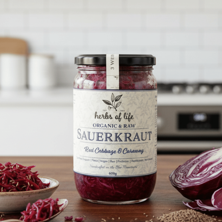 Herbs of Life Sauerkraut Red Cabbage and Caraway 600g - Buy Online Sydney | Frozberries