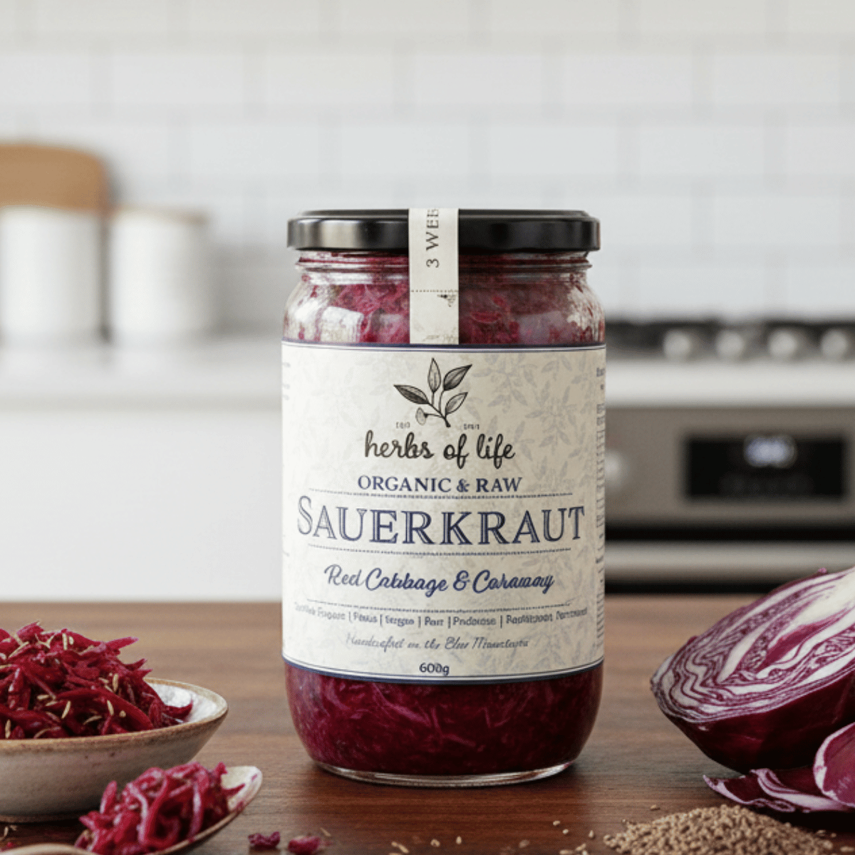 Herbs of Life Sauerkraut Red Cabbage and Caraway 600g - Buy Online Sydney | Frozberries