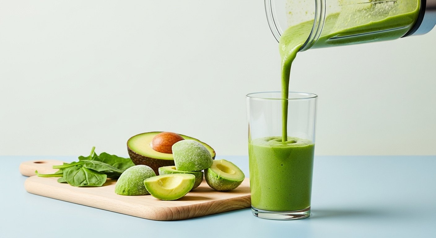A close-up shot of a green smoothie being poured into a glass, with frozen avocado chunks visible on a cutting board nearby.