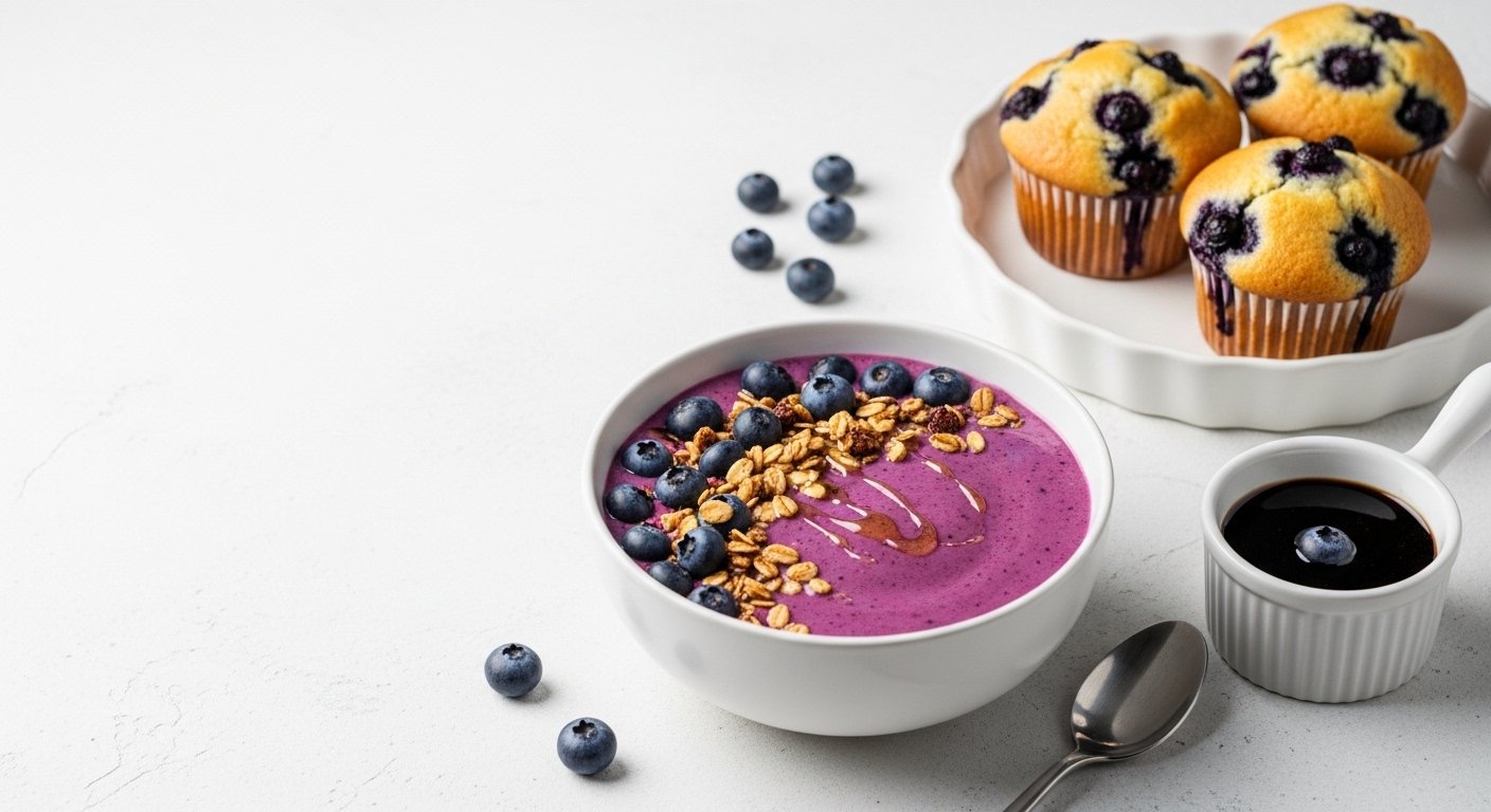 A delicious spread of foods featuring wild blueberries: a purple smoothie bowl, blueberry muffins, and a savory sauce dish.
