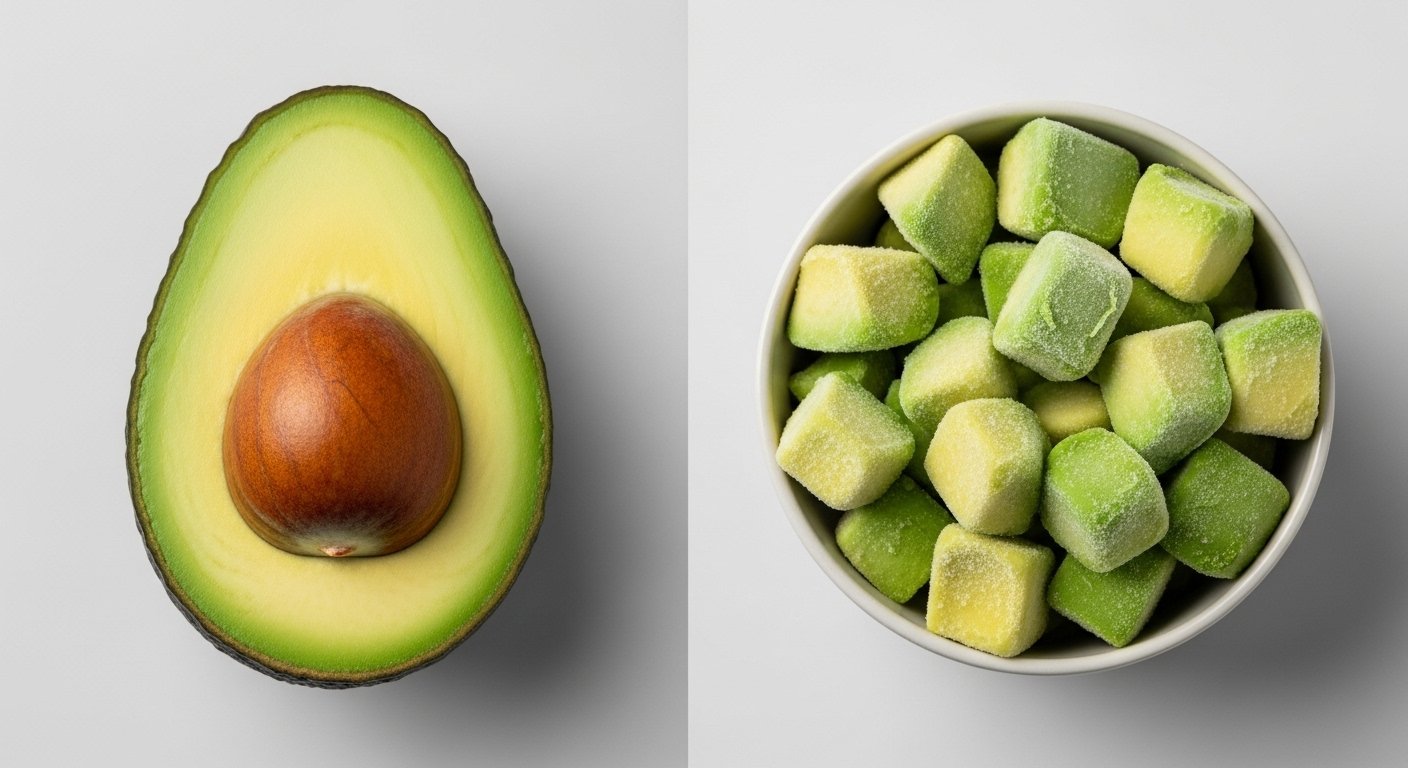 A split image showing a fresh avocado with a pit on one side and a bowl of frozen diced avocado chunks on the other, highlighting the texture difference.