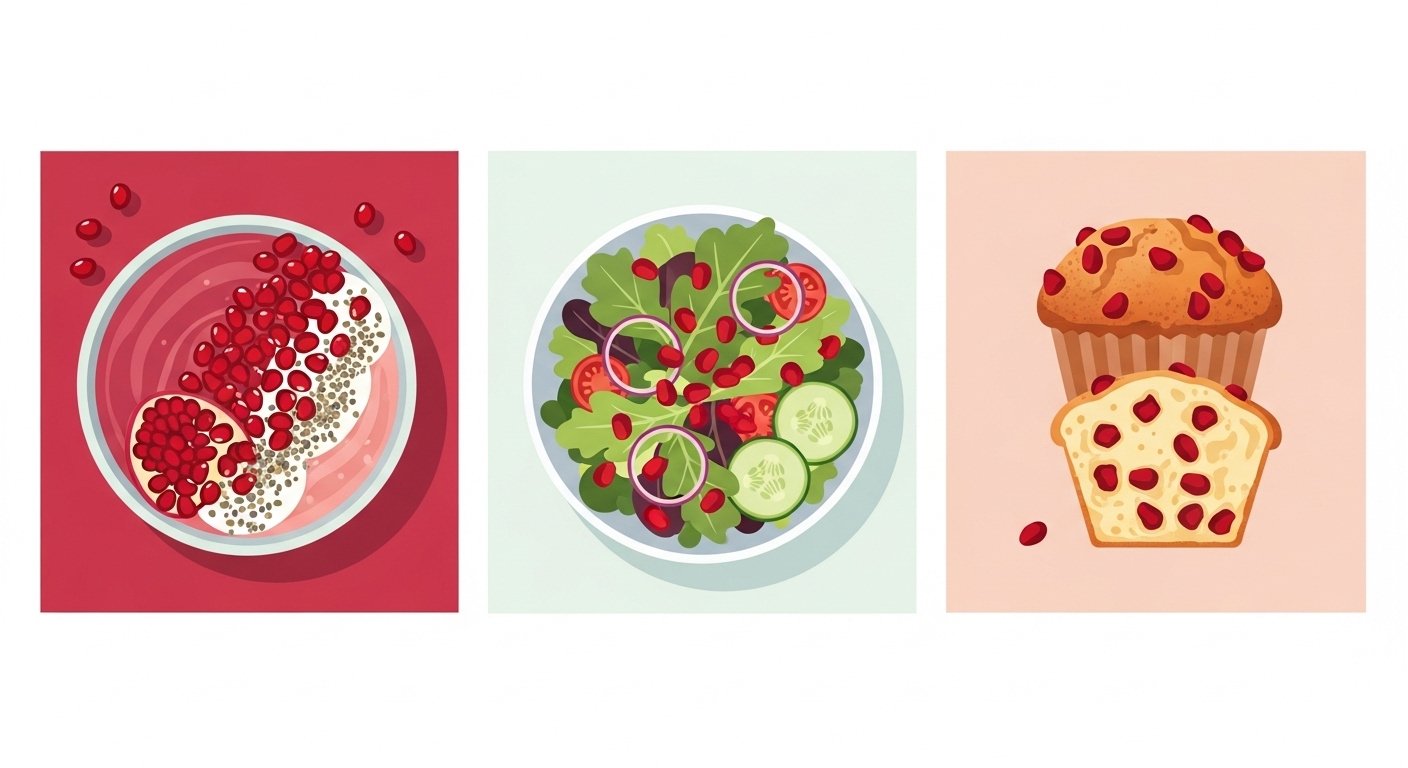 A split image showing three culinary uses: a smoothie bowl topped with arils, a salad with pomegranate seeds, and a muffin with baked seeds.