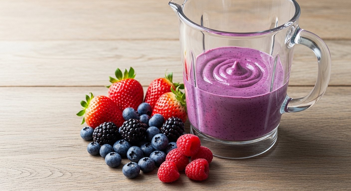 A vibrant, high-resolution shot of fresh strawberries, blueberries, and raspberries arranged next to a glass blender filled with a purple smoothie, set on a rustic wooden table.