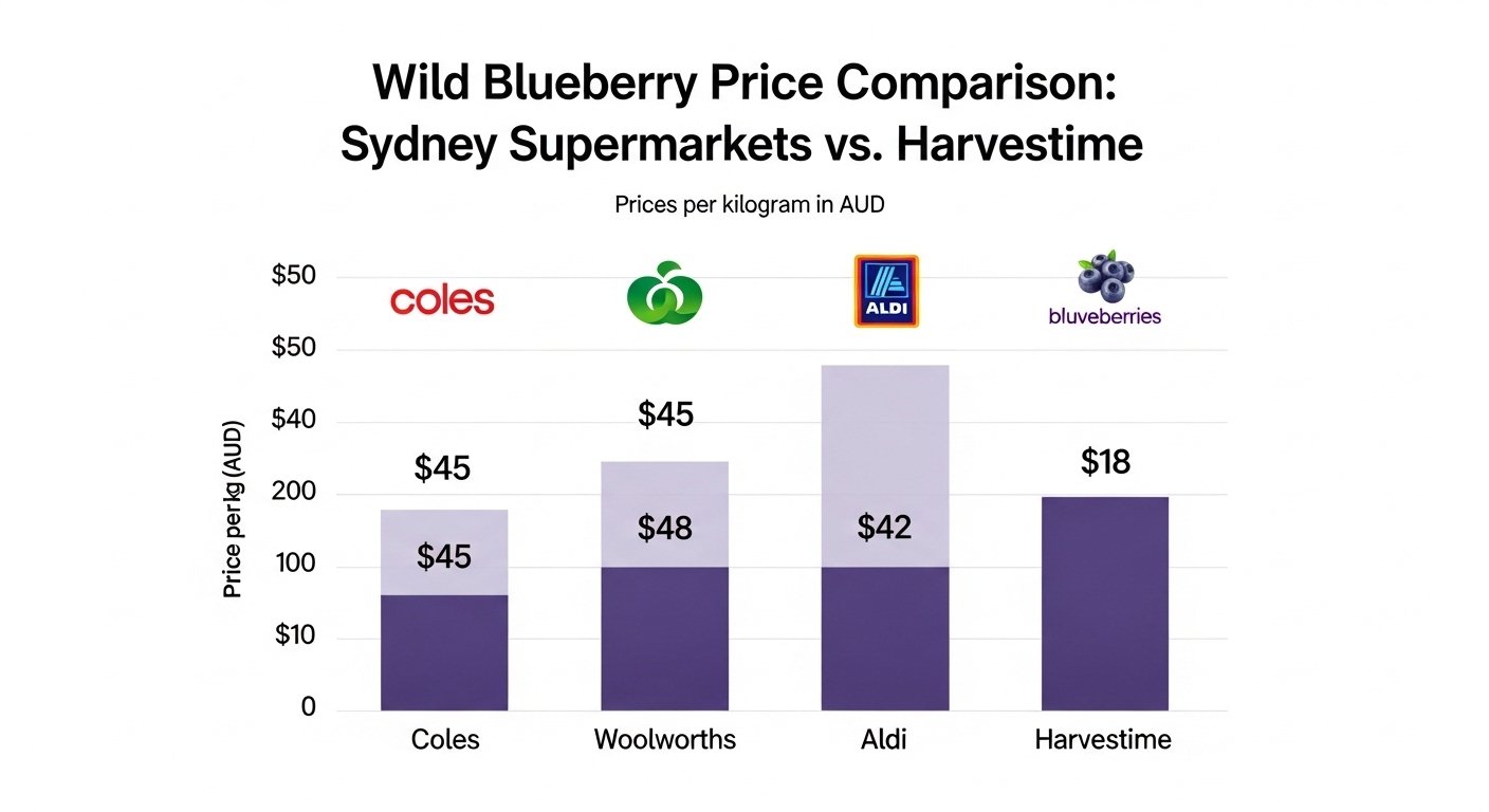 An infographic chart displaying the price per kilogram of wild blueberries at three major Sydney supermarkets versus the Harvestime price.