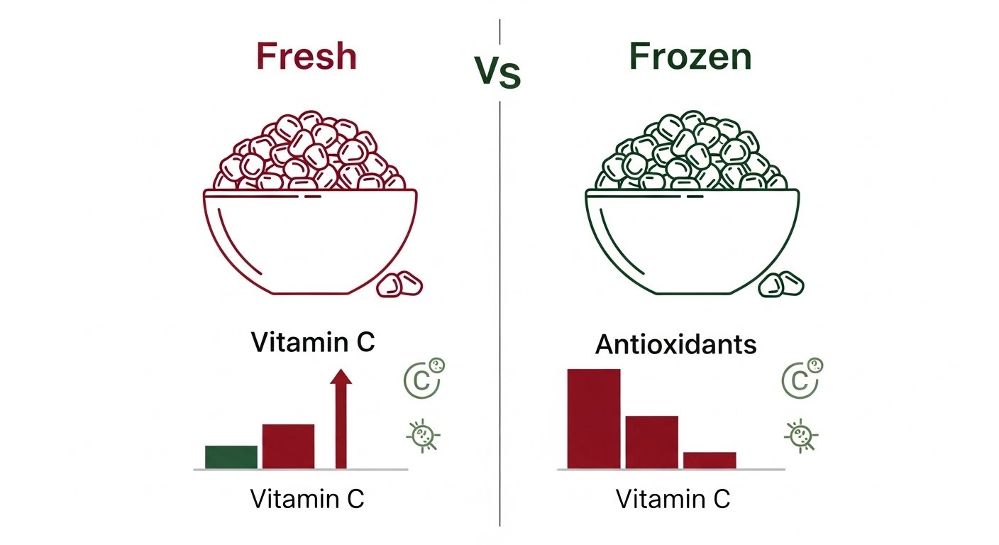 An infographic comparing the nutritional retention of fresh vs. frozen pomegranate seeds, highlighting Vitamin C and antioxidant stability.