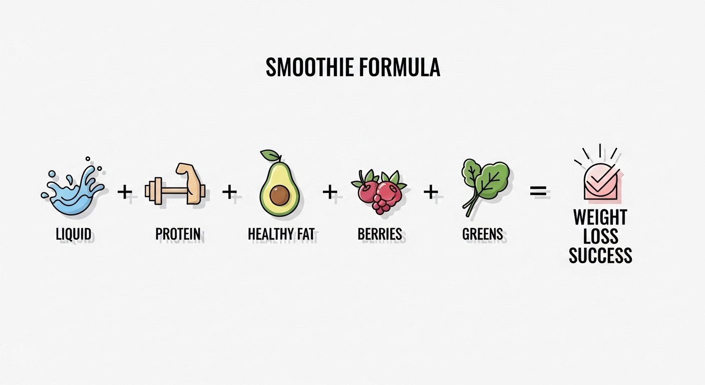 An infographic style image showing a 'Smoothie Formula' chart: Liquid + Protein + Healthy Fat + Berries + Greens = Weight Loss Success.