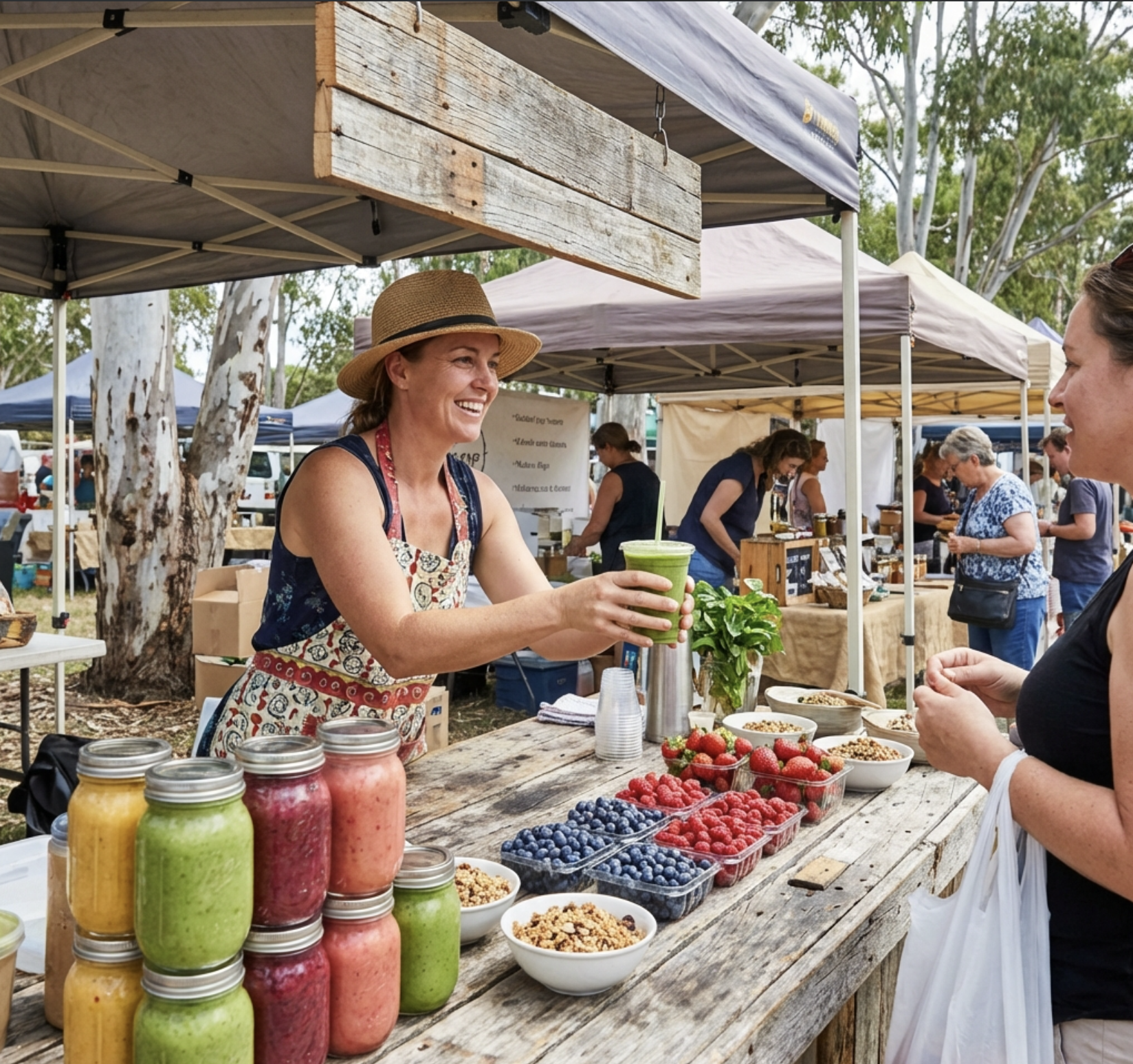 Market stall selling smoothies and frozen berries