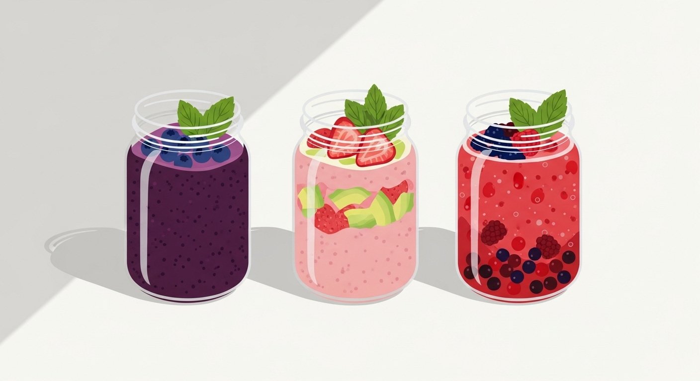 Three distinct glass jars lined up: one dark purple (blueberry), one pink and creamy (strawberry/avocado), and one bright red (mixed berry), each garnered with fresh mint leaves.