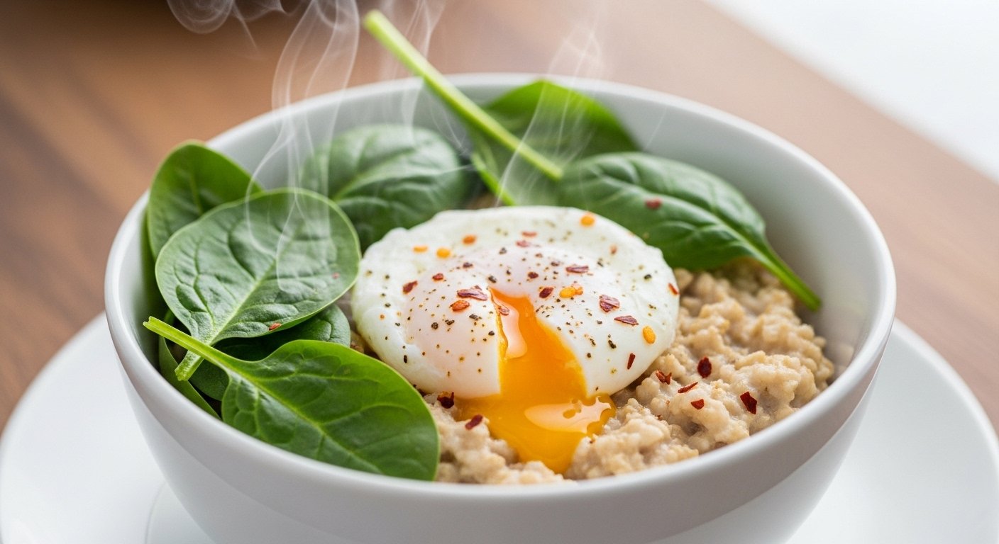 A close-up shot of a steaming bowl of savory oats topped with a poached egg, spinach leaves, and a sprinkle of chili flakes.