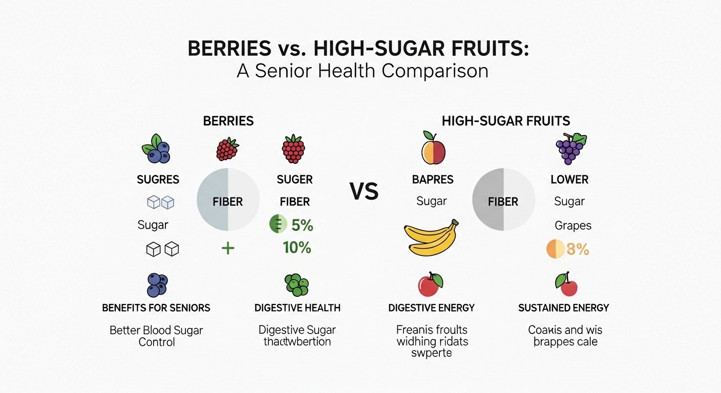 A comparative infographic showing the sugar and fiber content of berries versus high-sugar fruits like bananas and grapes, highlighting the benefits for seniors.