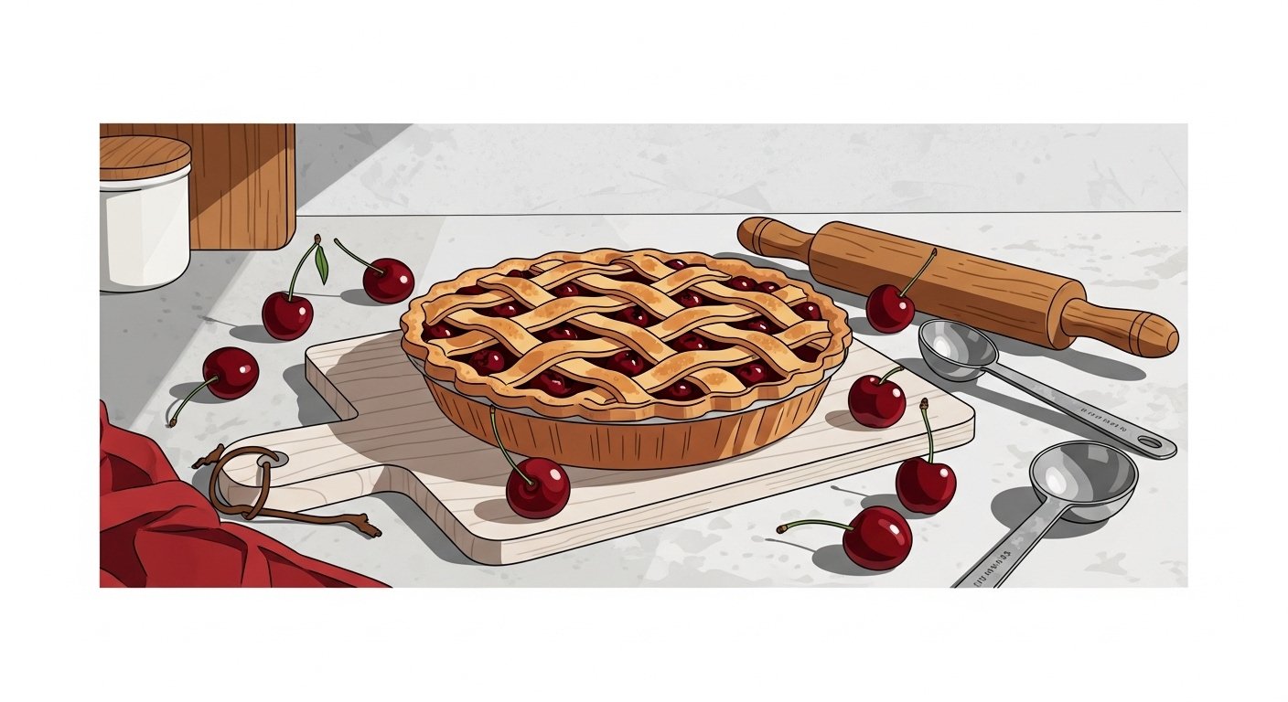 A rustic kitchen scene featuring a freshly baked cherry pie with a lattice crust, surrounded by scattered tart cherries and baking tools.