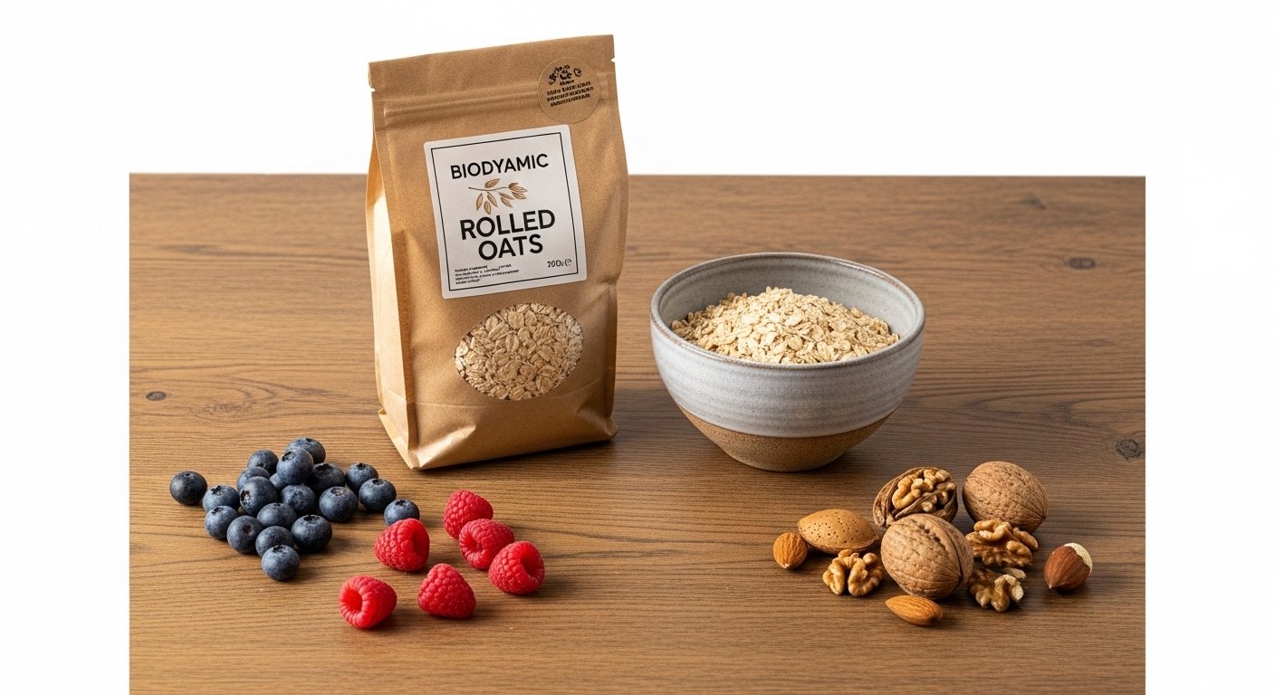 A rustic wooden table displaying a bag of biodynamic rolled oats, a bowl of raw oats, and fresh ingredients like berries and nuts, highlighting natural textures.