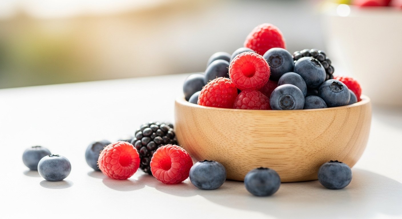 A vibrant, close-up shot of a variety of fresh berries in a wooden bowl, focusing on raspberries and blueberries, with a soft, natural light background implying health and vitality.