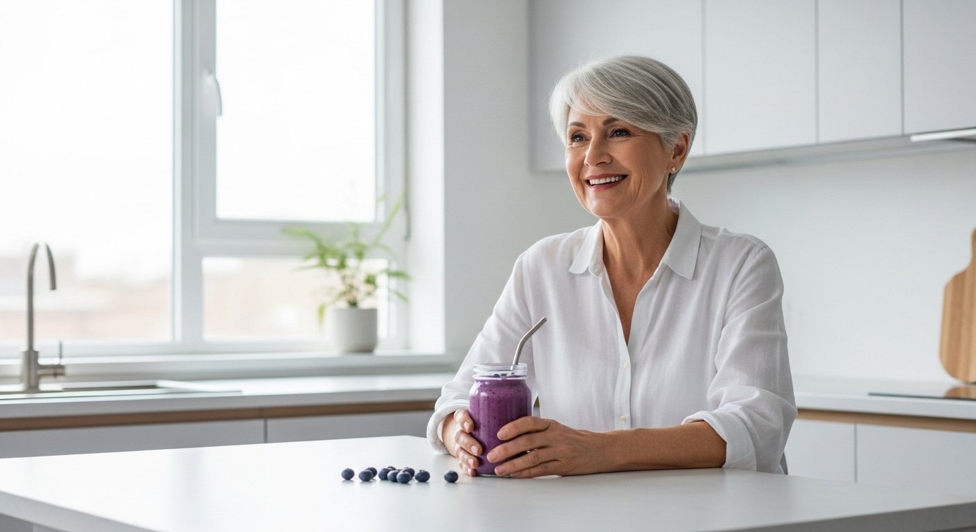 An active senior woman enjoying a blueberry smoothie in a bright kitchen, smiling, representing vitality and healthy choices.