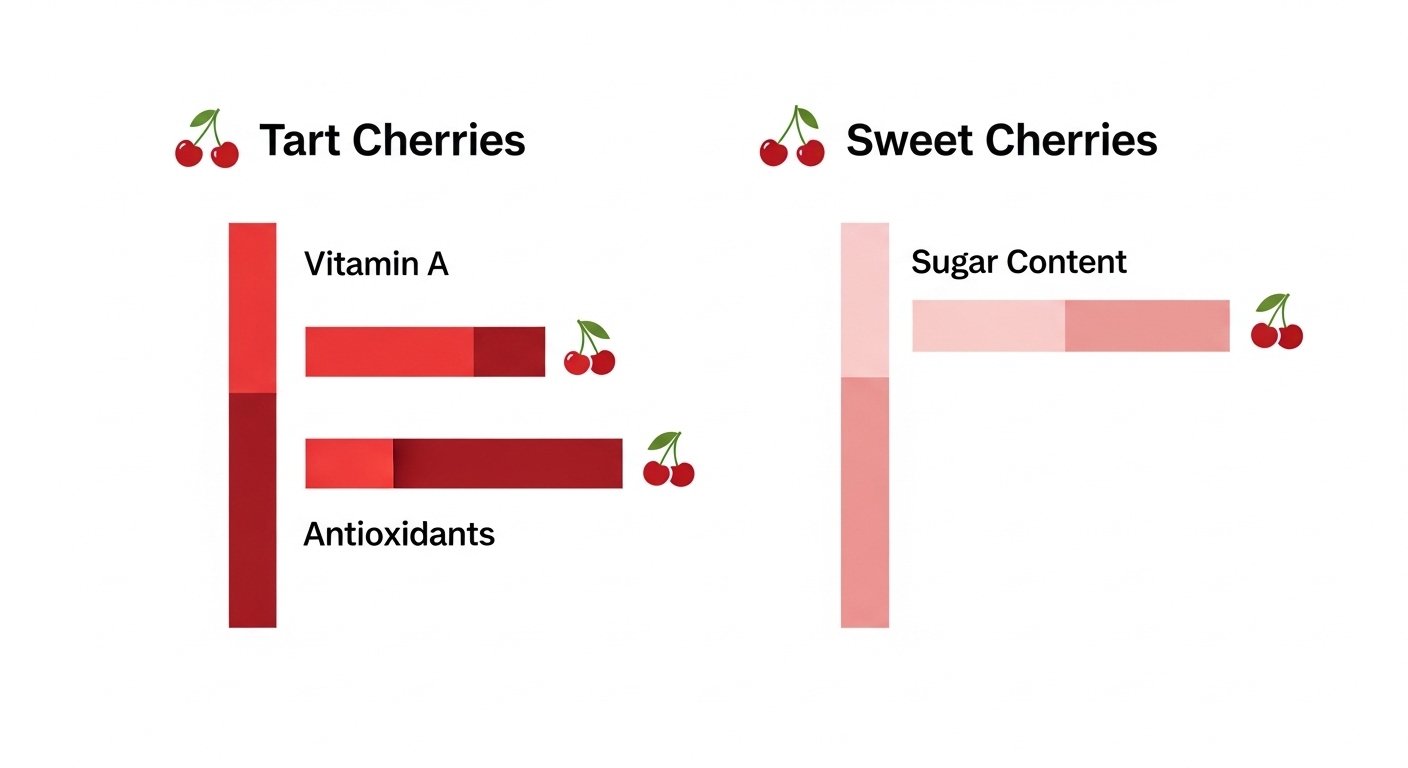 Infographic displaying a nutritional comparison chart highlighting Vitamin A and Antioxidant levels in tart cherries versus sugar content in sweet cherries.