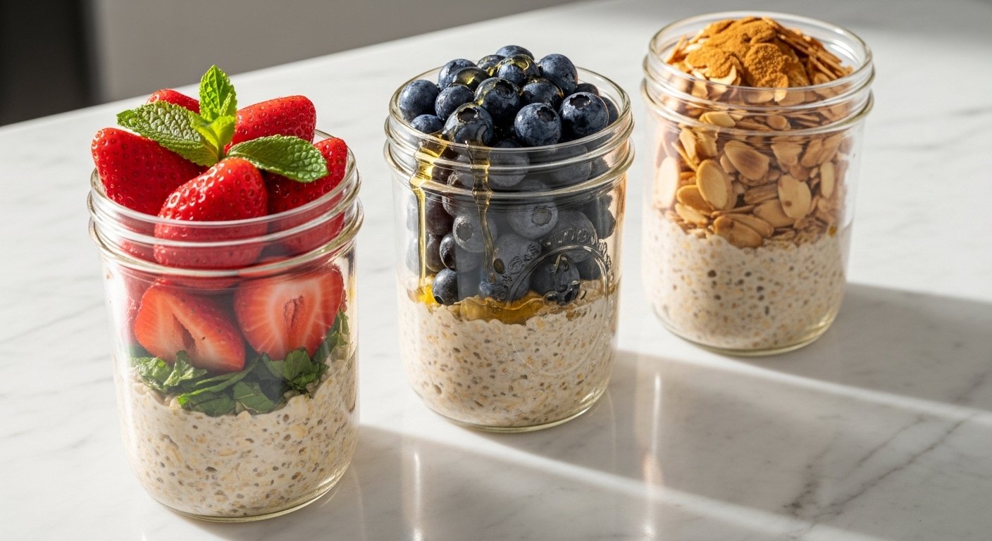 Three glass mason jars lined up on a marble counter filled with overnight oats, topped variously with strawberries, blueberries, and sliced almonds.