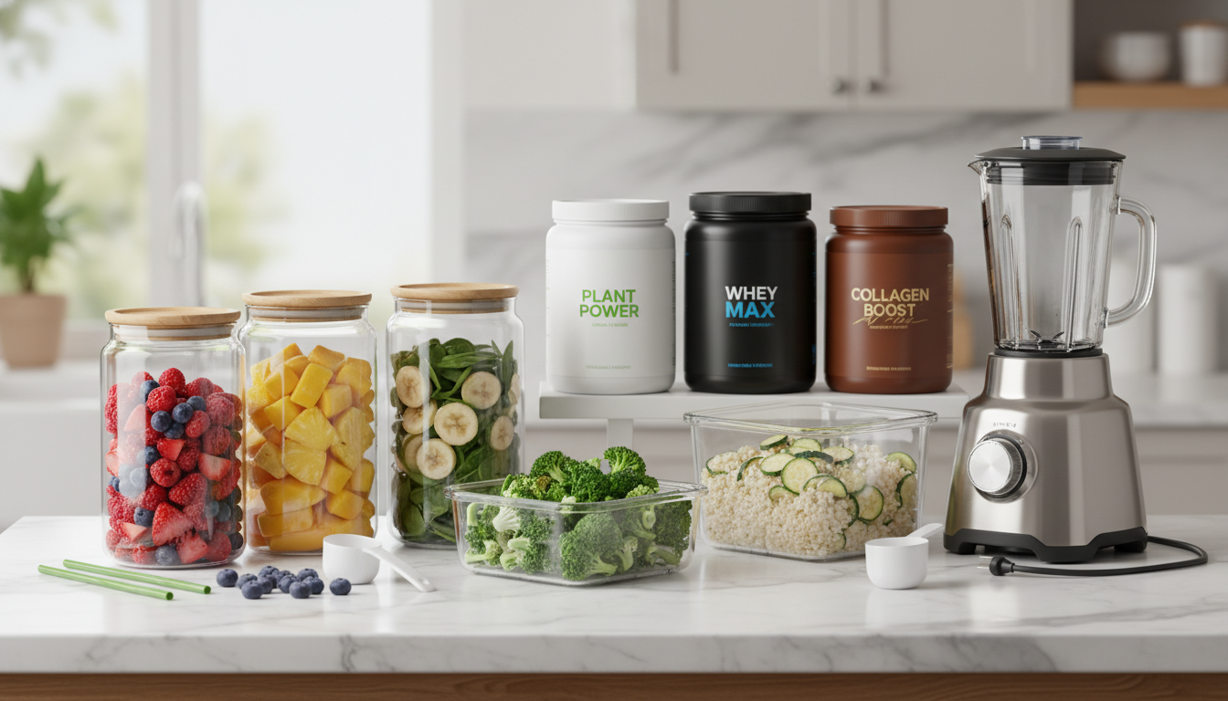 A brightly lit kitchen counter displaying an array of bulk frozen fruit, frozen veggies, and premium protein powders ready for blending