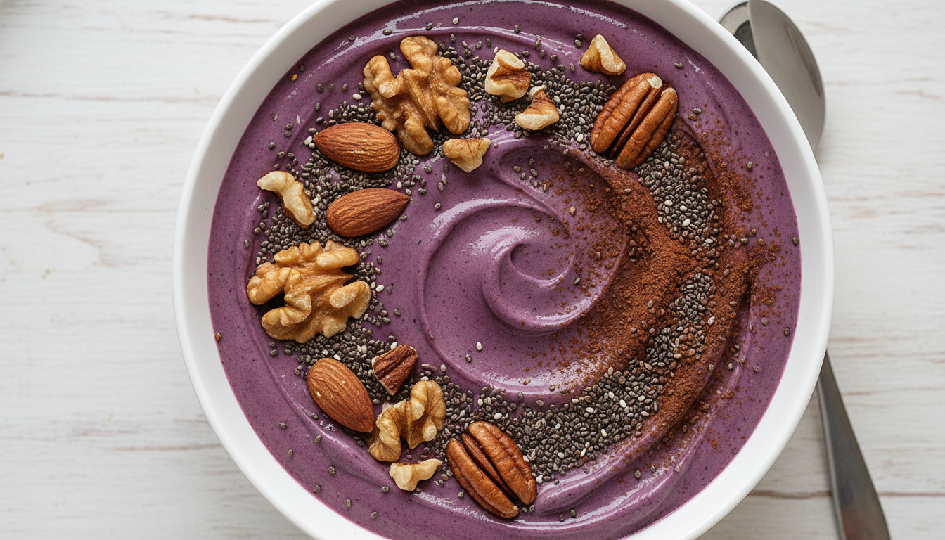 A close-up of a thick, purple superfood smoothie bowl topped with chia seeds, fresh nuts, and a dusting of dark cacao powder