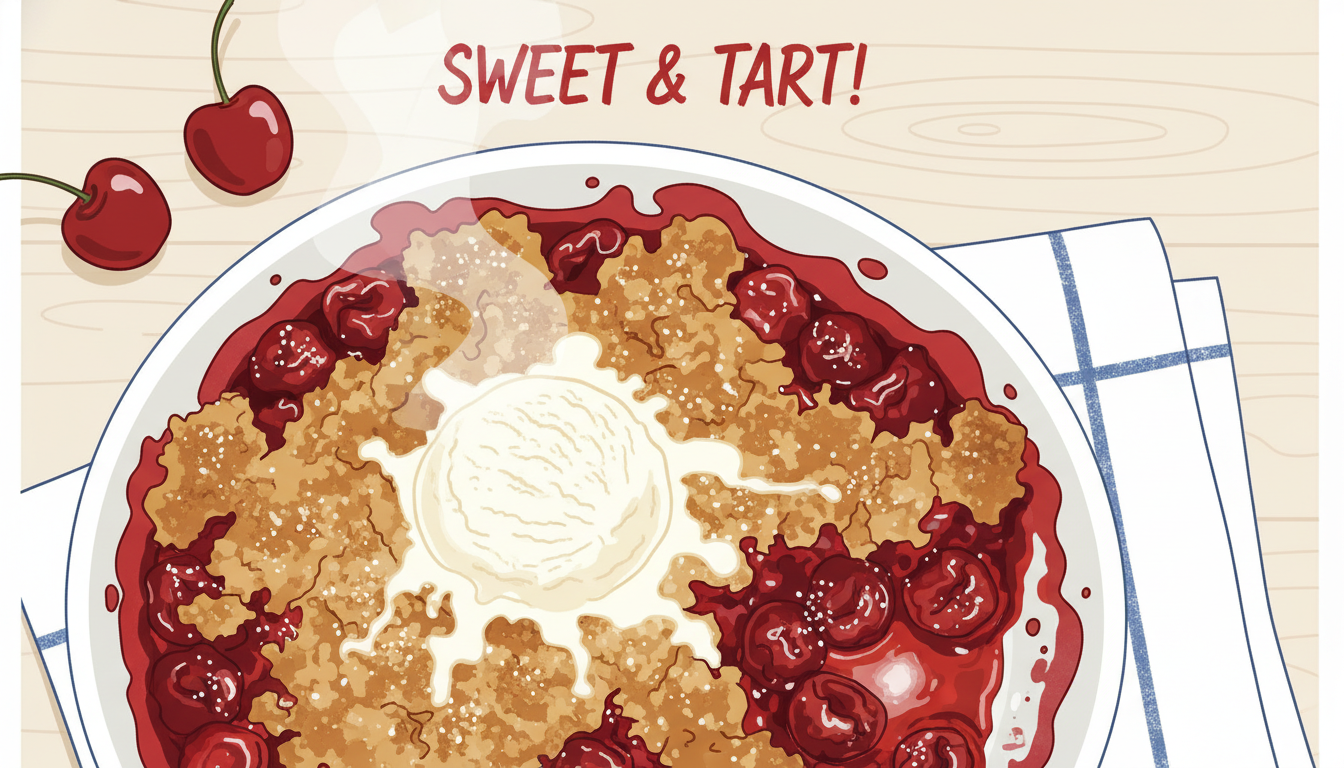 A close-up shot of a bubbling sour cherry crumble straight from the oven, topped with melting vanilla ice cream