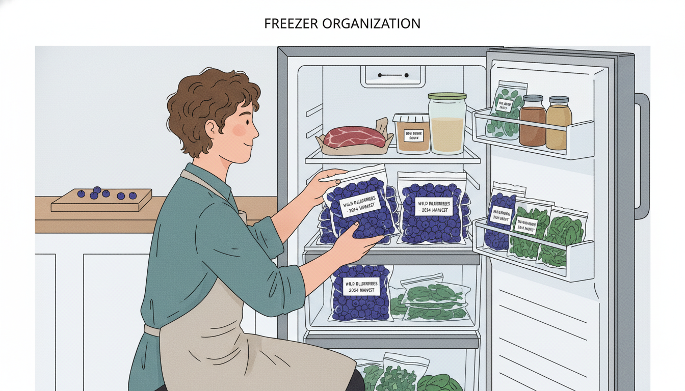 A person organizing their freezer, stacking several labeled vacuum-sealed bags of wild blueberries next to other frozen goods