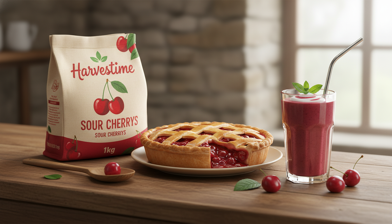 A rustic kitchen counter displaying a vibrant 1Kg bag of Harvestime sour cherries alongside a freshly baked pie and a glass smoothie