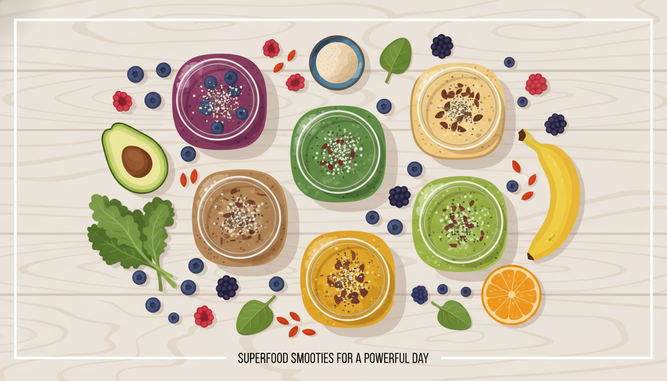 A vibrant, overhead shot of various high-protein superfood smoothies in glass jars surrounded by scattered frozen berries and organic produce