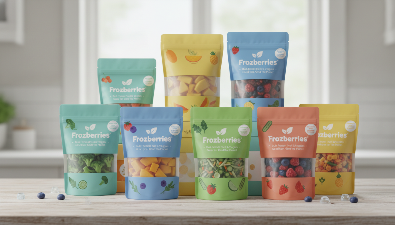 An assortment of bulk frozen fruit and frozen veggies in eco-friendly packaging from Frozberries