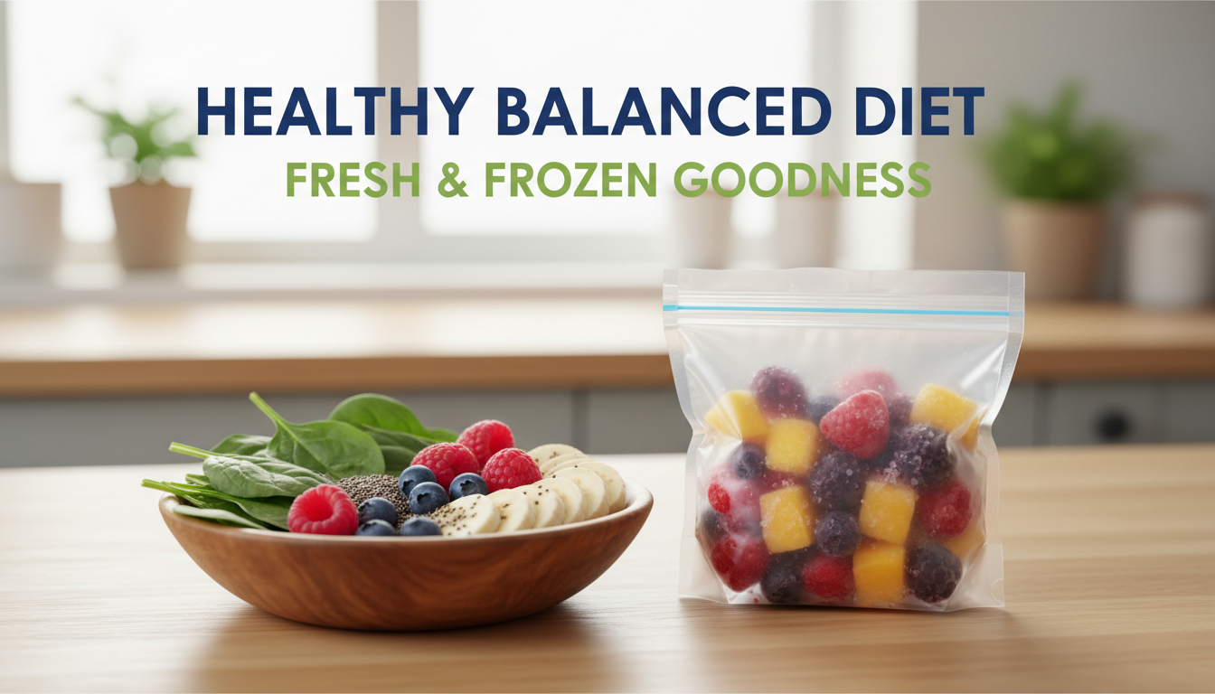 A close-up of fresh organic produce next to a bag of bulk frozen fruit for a healthy balanced diet