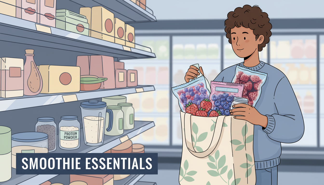 A person filling a reusable shopping bag with frozen berries and smoothie ingredients at a supermarket