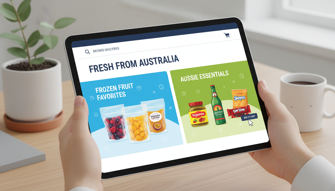 A user browsing an online grocery website on a tablet showing bags of frozen fruit and Australian groceries