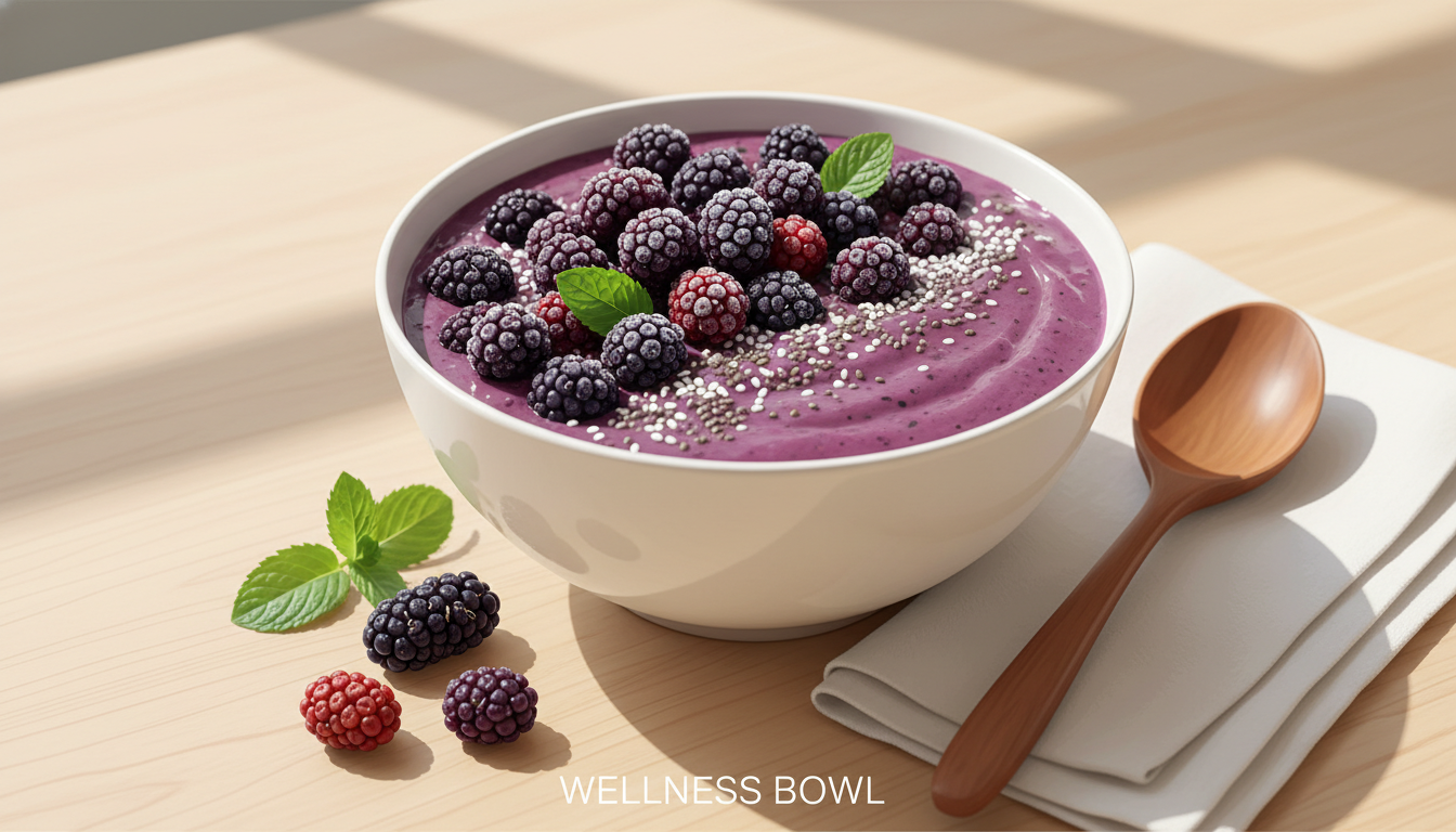 A vibrant smoothie bowl topped with rich dark frozen organic mulberries next to a wooden spoon
