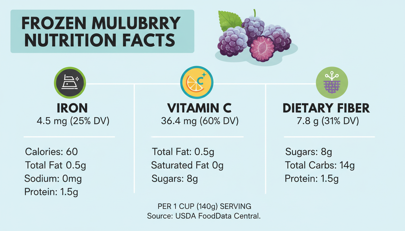 An infographic displaying frozen mulberry nutrition facts highlighting high iron vitamin C and dietary fiber