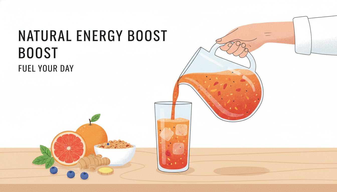 A person pouring a blended natural energy boosting fruit juice from a glass pitcher into a tall glass