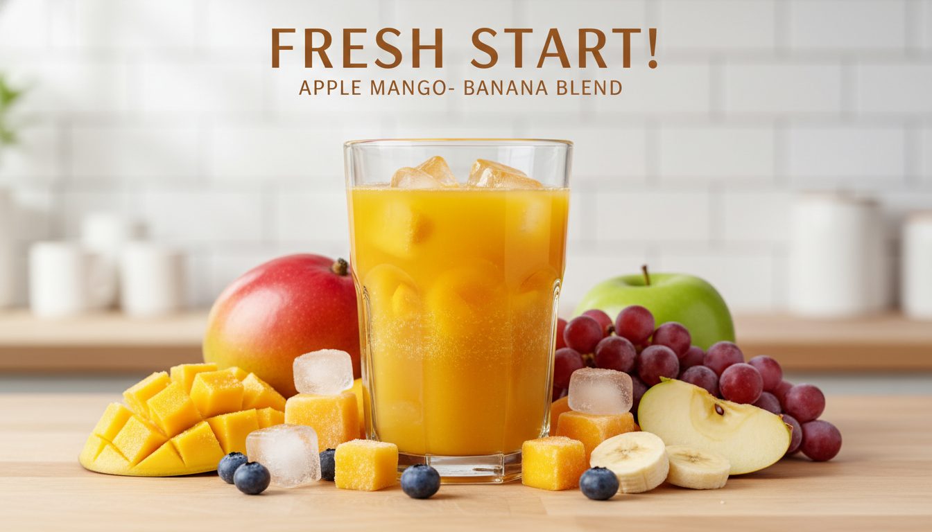 A vibrant glass of apple mango banana juice surrounded by fresh and frozen fruit on a wooden kitchen counter