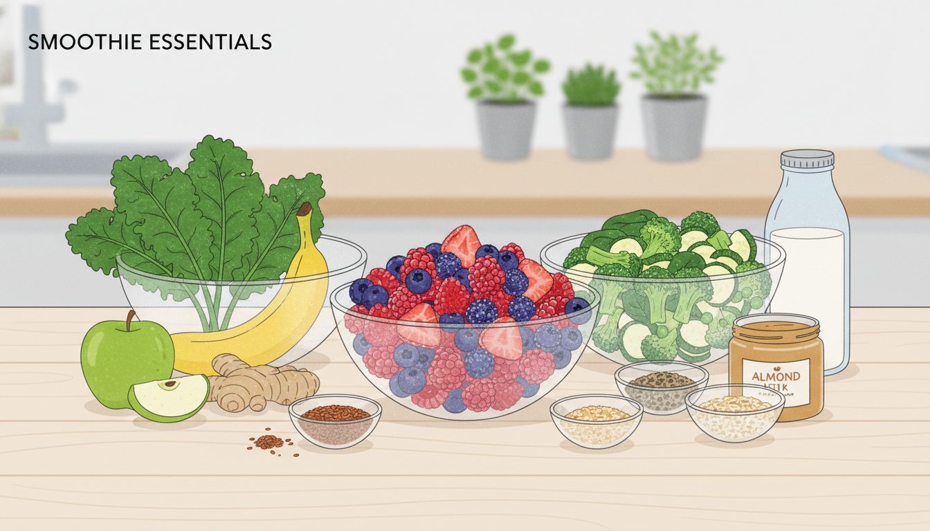 Assorted smoothie ingredients including bulk frozen berries, organic produce, and frozen veggies in glass bowls
